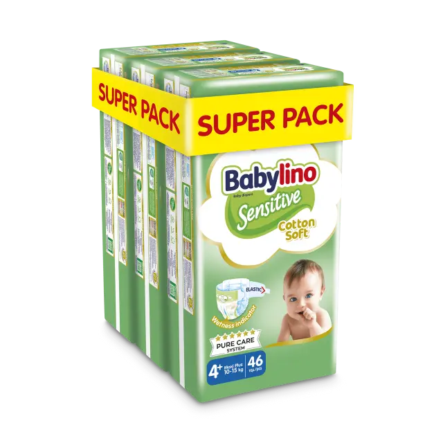 Βρεφική πάνα Babylino Sensitive Cotton Soft No4+ 10-15 Kg SuperPack 138τμχ (3×46τμχ)