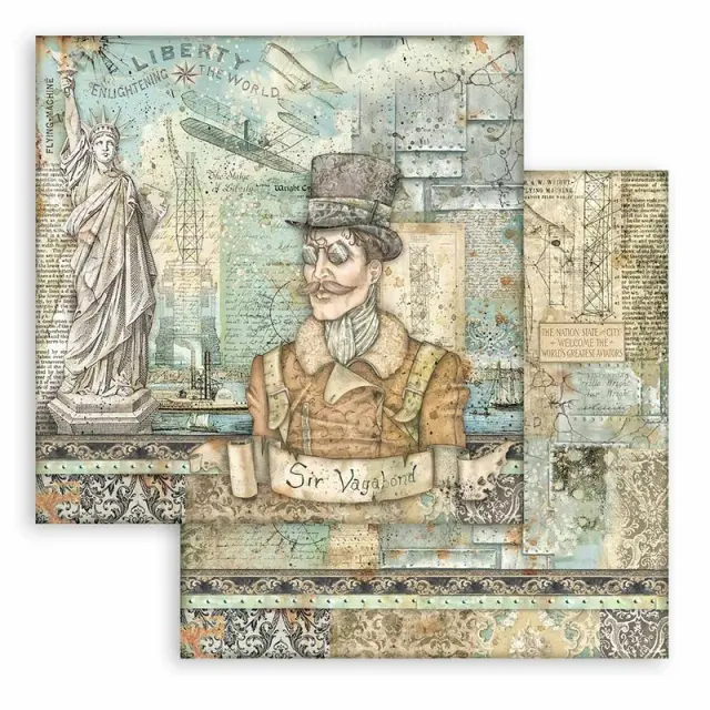 Χαρτί scrapbooking διπλής όψης 30x30cm Stamperia, Sir Vagabond Aviator, Statue of Liberty