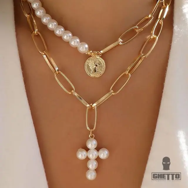 Ghetto Vintage Pearl Necklace Coin Cross Choker 2