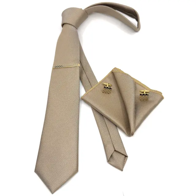 Μπεζ Beige Γραβάτα Oxford 6,5 cm με Ασορτί Μαντήλι 3