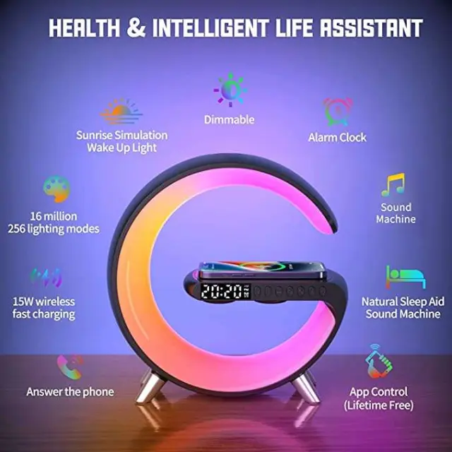 Smart ηχείο - ξυπνητήρι με RGB φωτισμό με app και γρήγορη ασύρματη φόρτιση 15W Λευκό