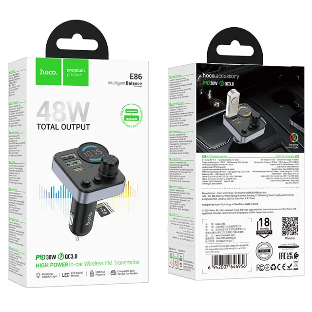 Bluetooth FM Transmitter Hoco E86 Alegria 48W με 2xUSB-A και 1xUSB-C BT 5.4 Υποστηρίζει και Αναπαραγωγή απο TF Card 2