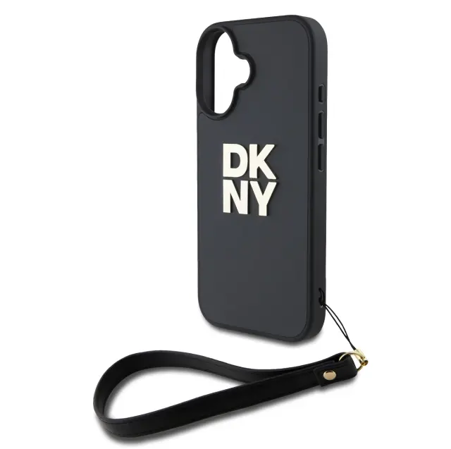 DKNY PU Leather Stack Logo Wrist Strap Case for iPhone 16 Black 3