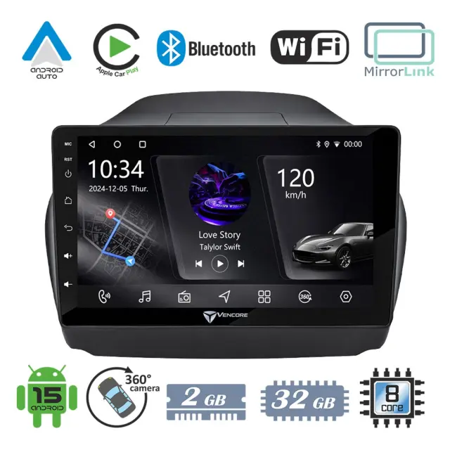VenCore Οθόνη Multimedia Android 15 10" PX5S Octa-Core 2GB/32GB IPS με Πρόσοψη, CarPlay, Android Auto και Υποστήριξη Κάμερας 360° για Hyundai IX35 Auto A/C 2010-2015 – Μαύρη (3236-10006-0029B)
