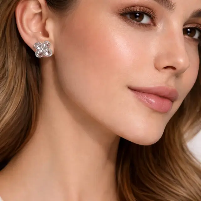 Ghetto Silver Crystal Flower Stud Earrings | Stainless Steel 2