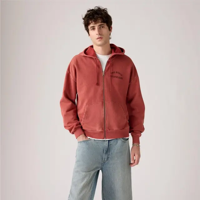TWO HORSE CROPPED ZIP-UP HOODIE Red - M