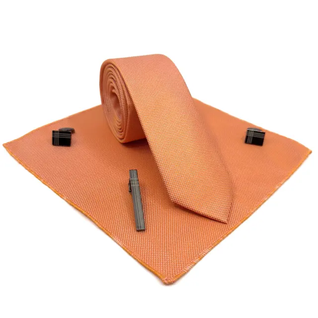 Κοραλί Coral Γραβάτα Oxford 6,5 cm με Ασορτί Μαντήλι 3