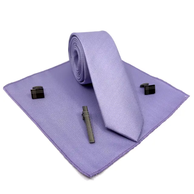 Μωβ Γραβάτα Oxford 6,5 cm με Ασορτί Μαντήλι 3