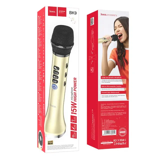 Ασύρματο Μικρόφωνο Hoco BK9 Singing 15W με Λειτουργία Karaoke FM μετάδοση και BT / Audio Input Χρυσαφί 2
