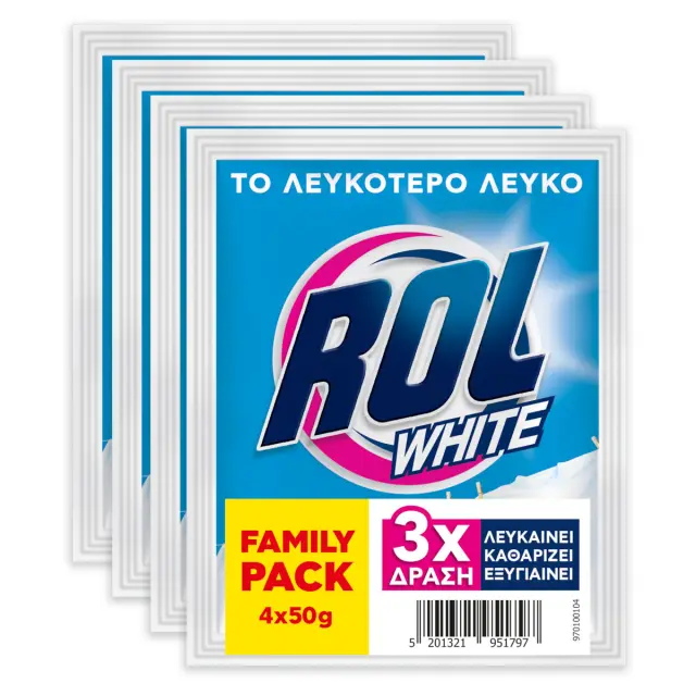 Yπερλευκαντικό Πλυντηρίου Ρούχων Rol White 4x50gr Οικογενειακή Συσκευασία