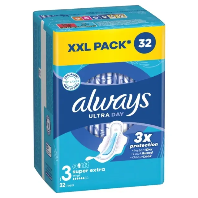 Always Ultra Day XXXL PACK Σερβιέτες Ultra Super Extra με Φτερά (Μέγεθος 3), 32 τεμάχια