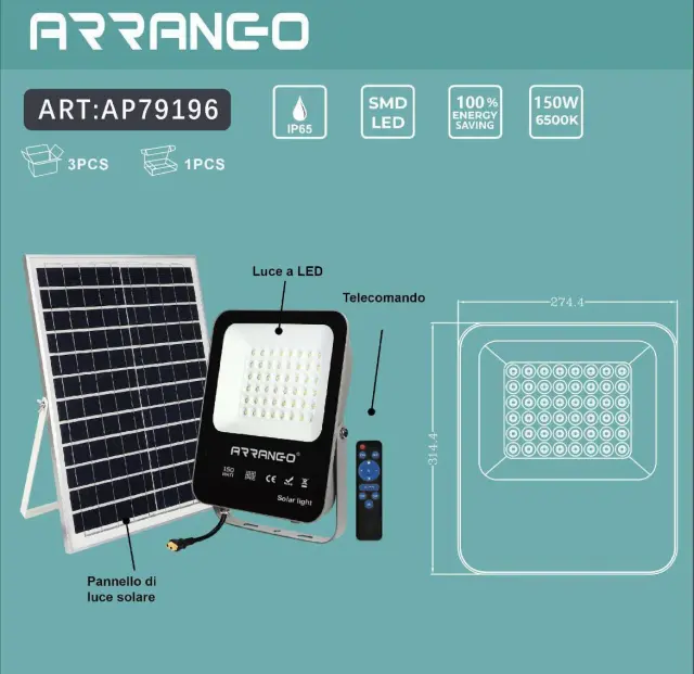 Arrango Στεγανό Ηλιακό Φωτιστικό Δρόμου 150W IP65 με Ανιχνευτή Κίνησης σε Μαύρο Χρώμα AP79196 2