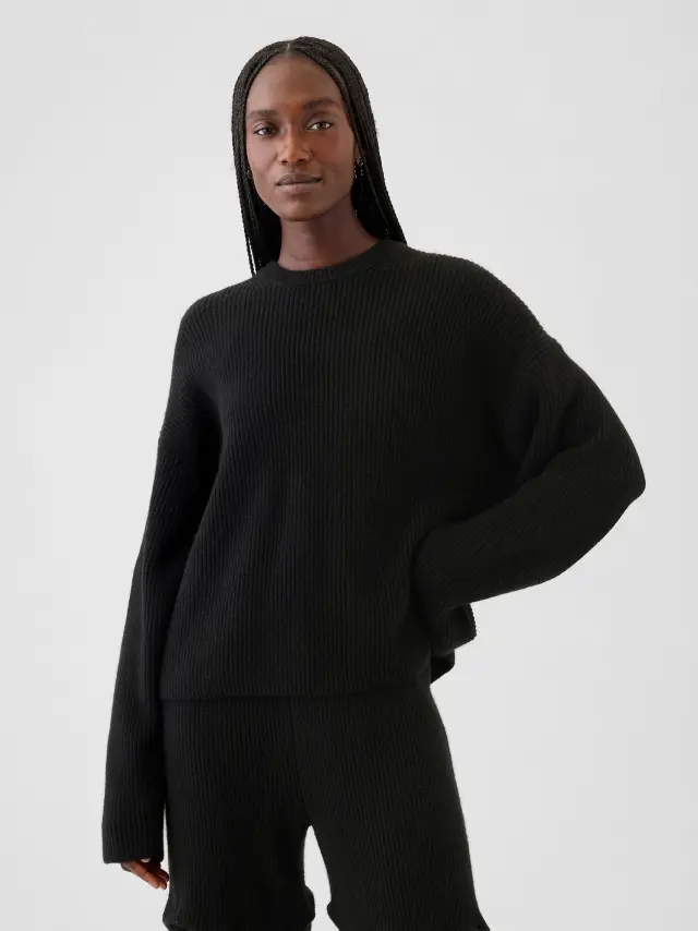 Μαύρο CashSoft Shaker-Stitch Πουλόβερ Black - XL