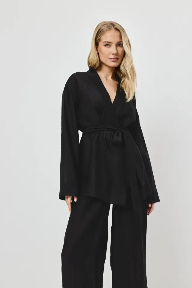 Aruelle Noir Set Long Κιμονό Με Παντελόνι Μαύρο - 2XL 2