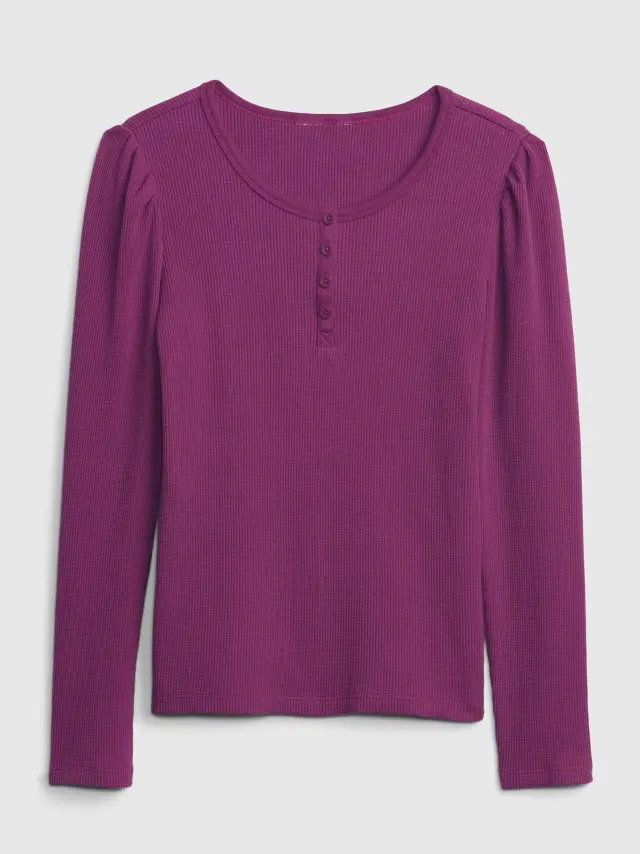 Μωβ Παιδική Waffle-Knit Henley Μπλούζα purple - XS