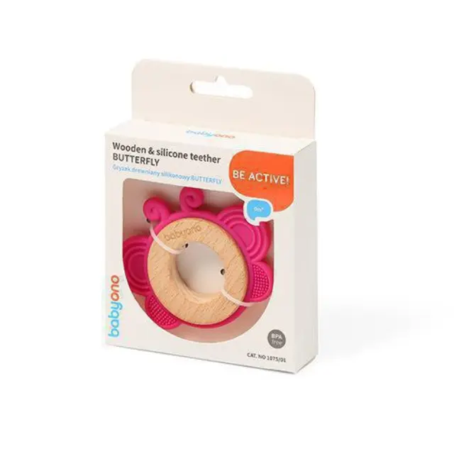 Ορθοδοντικό Μασητικό Σιλικόνης με Ξύλο Butterfly Babyono Pink 1075/01 2