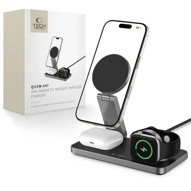 Tech-protect Qi15w-a47 3in1 Magnetic Magsafe Wireless Charger Black