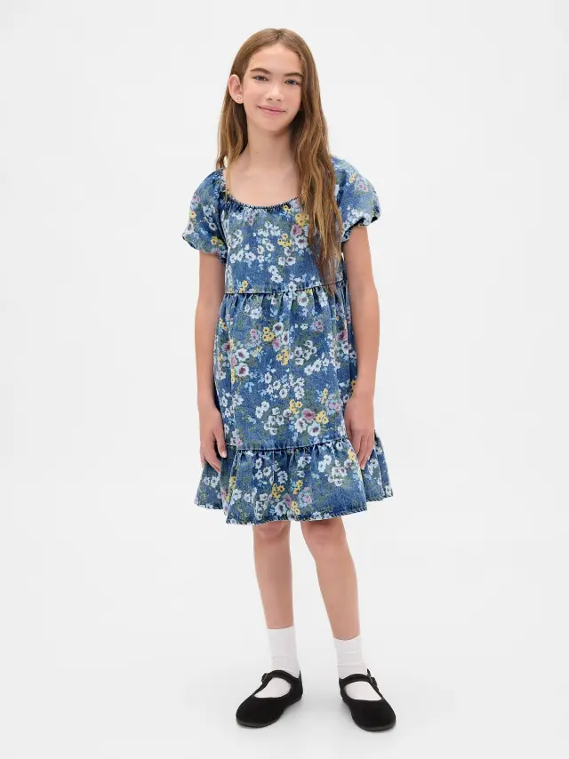 Παιδικό Τζιν Puff-Sleeve Φλοράλ Φόρεμα Multi floral