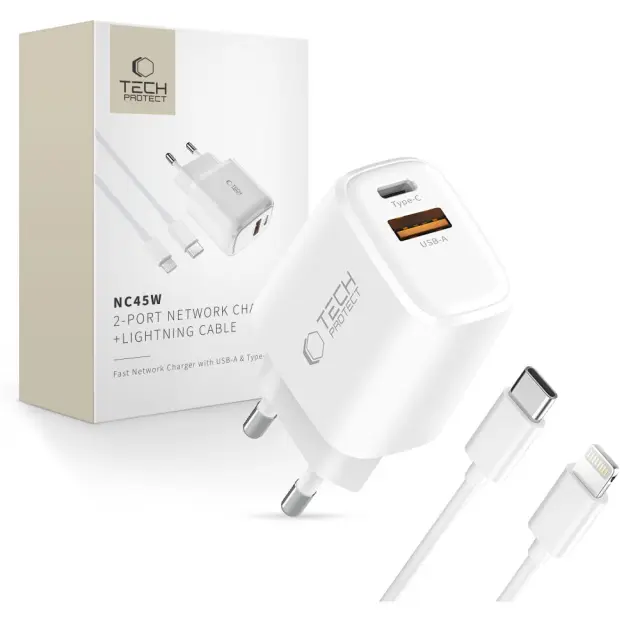 Tech-protect Nca45w-gan 2-port Network Charger Pd 45w / Qc3.0 + Lightning Cable White