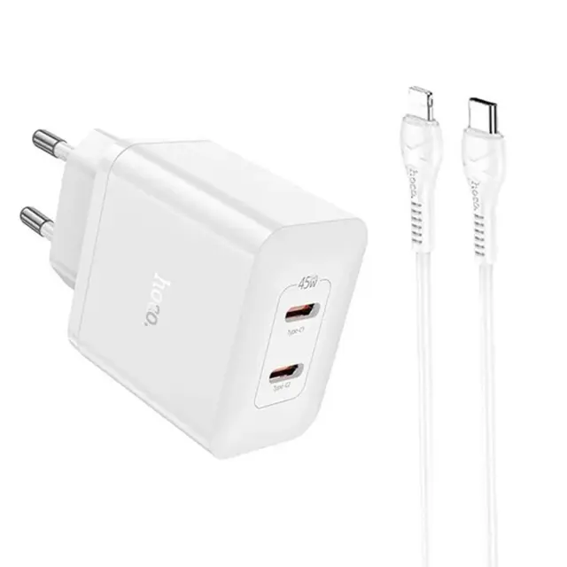 Hoco Φορτιστής με Διπλή Θύρα USB-C και Καλώδιο Lightning 45W Λευκός N35