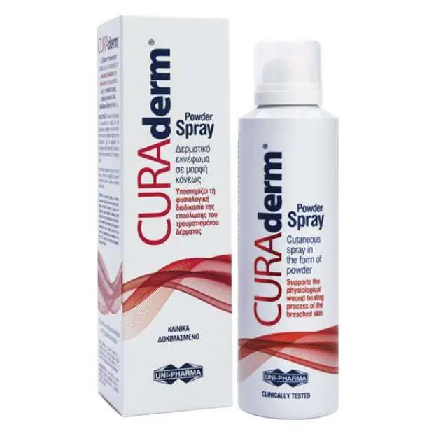 Uni-Pharma CURAderm Powder Spray Πούδρα σε Σκόνη που Υποστηρίζει τη Φυσιολογική Διαδικασία της Επούλωσης του Τραυματισμένου Δέρματος, 125ml