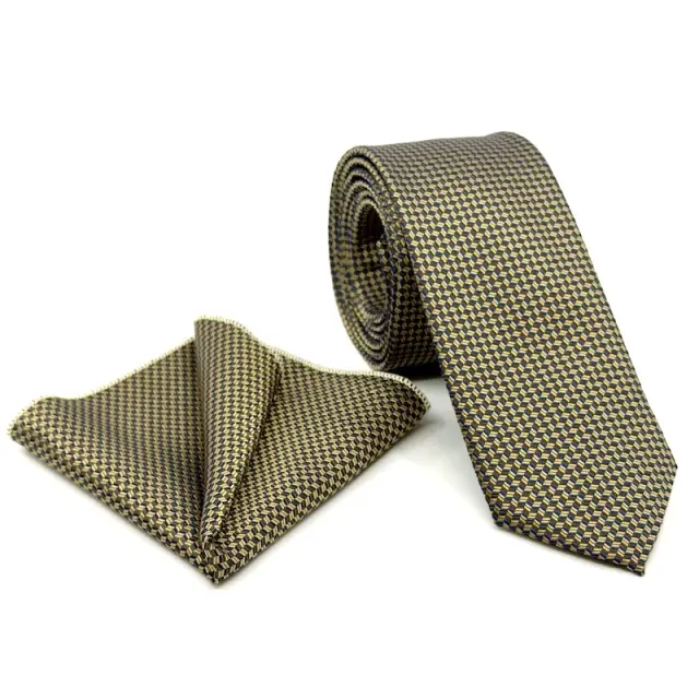 Μπεζ Μπλε Γραβάτα Μικροσχέδιο Microfiber Σετ με Μαντήλι