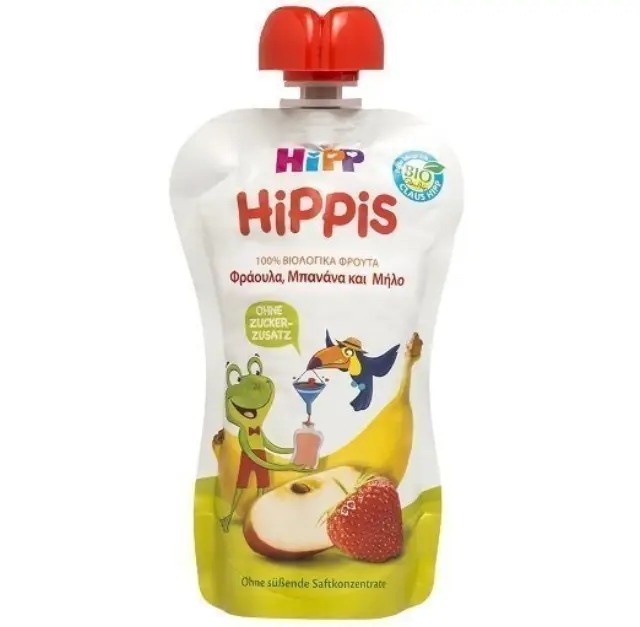 Hipp | Hippis Βιολογικός Φρουτοπολτός με Φράουλα, Μπανάνα & Μήλο | 100gr