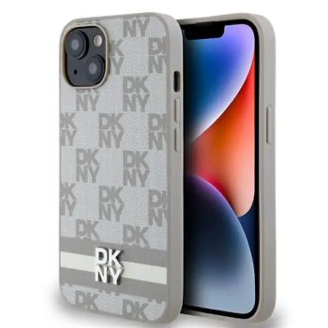 DKNY PU Leather Checkered Pattern and Stripe Case for iPhone 15 Beige