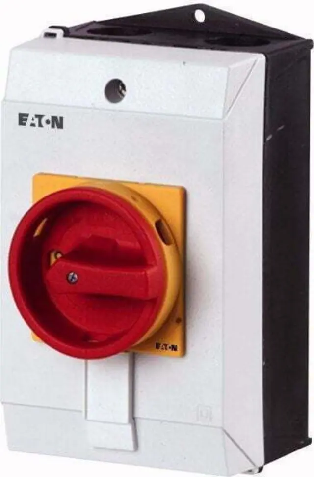 P1-32/I2/SVB/N Main switch, P1, 32 A, surface mounting, 3 pole + N, Emergency switching off function, With red rotary handle and yellow locking ring, Lockable in the