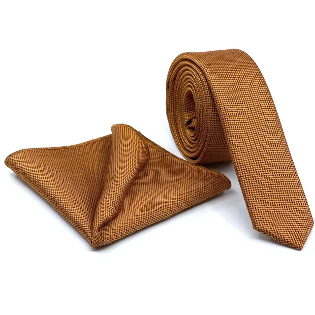 Καμμένο Πορτοκαλί Oxford Γραβάτα Slim 4,5 cm Σετ με Μαντηλάκι