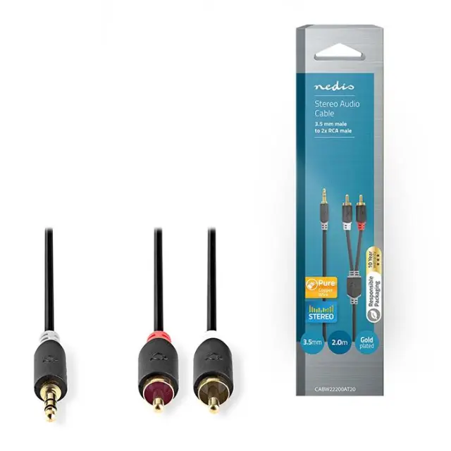 Καλώδιο 2x RCA αρσ. - 3,5mm Stereo αρσ, 2m.