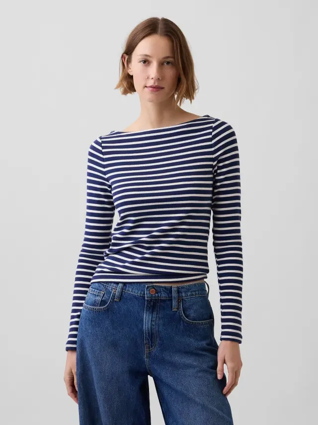 Γυναικεία Μπλούζα με Boatneck Λαιμόκοψη Navy blue & white stripe