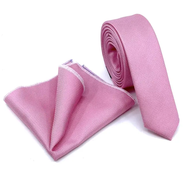 Ροζ Oxford Γραβάτα Slim 4,5 cm Σετ με Μαντηλάκι