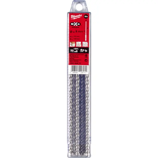 Τρυπάνια SDS-PLUS 8x215mm 4 Κοπών MILWAUKEE MX4 Σετ 10Τμχ 2