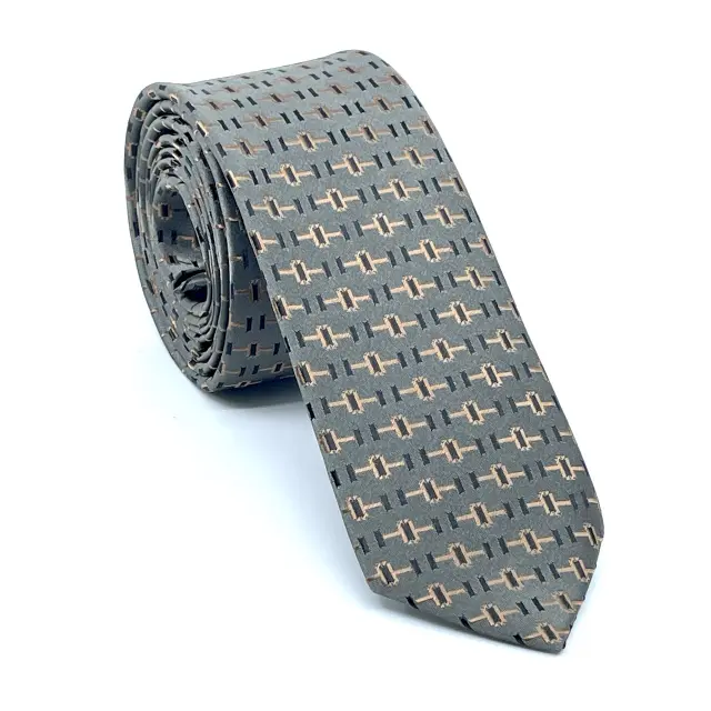 Γραβάτα Microfiber σε Γκρι Μοτίβο Σετ με Μαντηλάκι 3