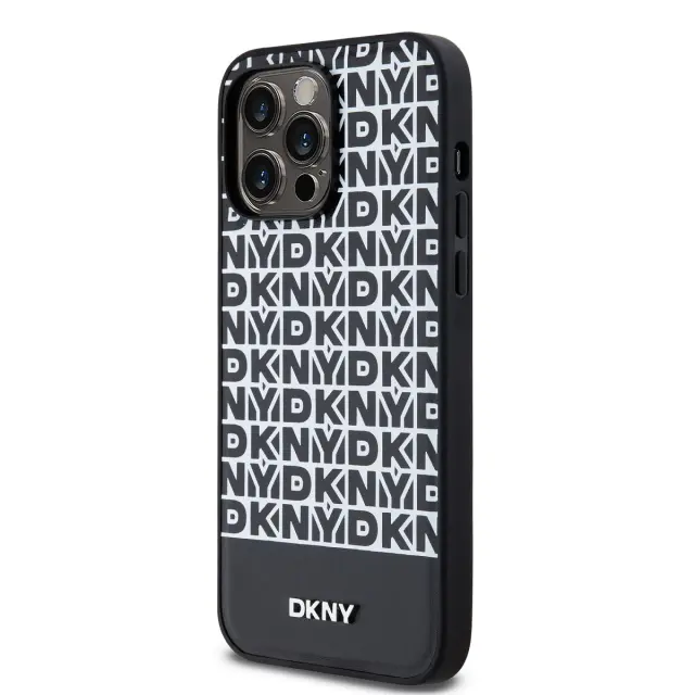 DKNY PU Leather Repeat Pattern Bottom Stripe MagSafe Case for iPhone 15 Pro Max Black 3