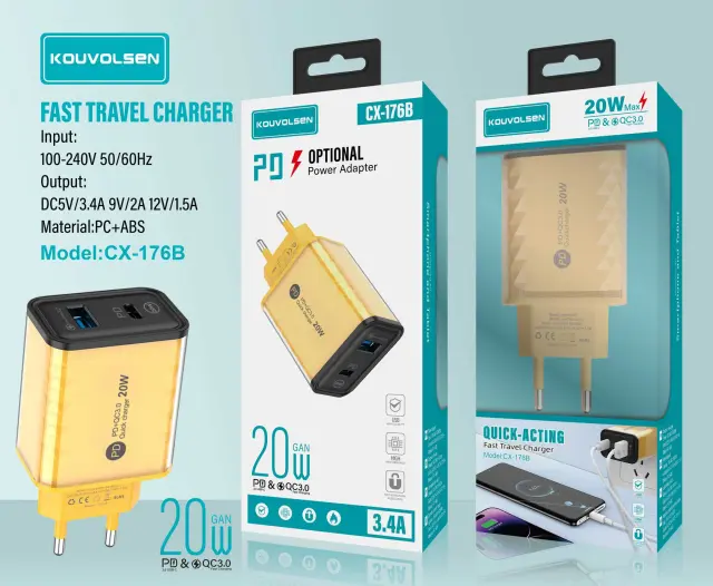 Αντάπτορας φόρτισης Fast Charge με 2 θύρες USB-A & Type-C - 20W - CX-176B - 271764 2