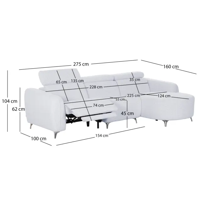ΚΑΝΑΠΕΣ ΔΕΞΙΑ ΓΩΝΙΑ 3Θ ΜΕ RECLINE FB93317.01R ΑΝΟΙΧΤΟ ΓΚΡΙ ΥΦΑΣΜΑ 275x160x104Yεκ 3