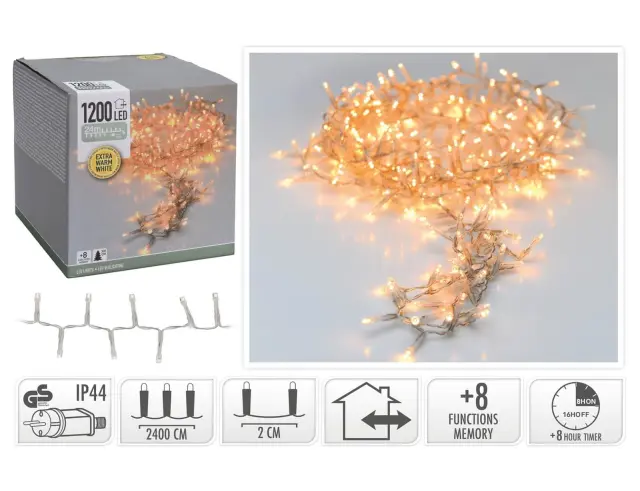 1200 Φωτάκια LED - 24 Μέτρα + 3 Μέτρα σύνδεσης, Κανονική Διάταξη, με χειριστήριο, 8 προγράμματα, Διάφανο καλώδιο PVC - Extra Θερμό Λευκό AX8560450