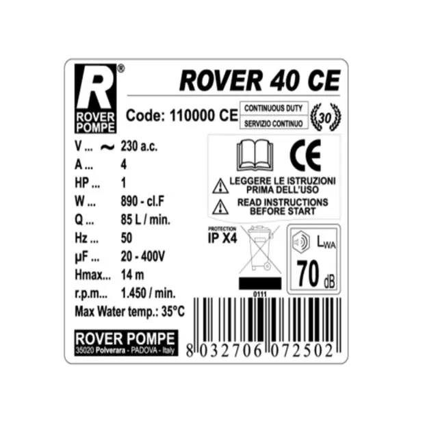Rover Pompe 40 CE Αντλία μετάγγισης με ιπποδύναμη 1.0HP μπρούτζινη / 101357 2