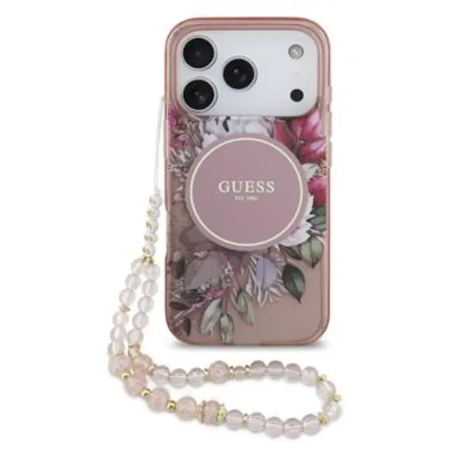 Guess IML Flowers Strap MagSafe Case for iPhone 17 Pro Pink