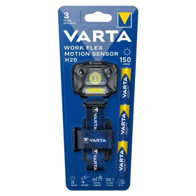 Varta φακός κεφαλής LED H20 αδιάβροχος IP54 με μέγιστη φωτεινότητα 150lm Work Flex Motion Sensor