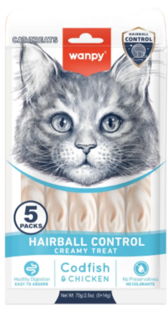wanpy - Wanpy Cat Functional Creamy Lickable Treat Hairball Codfish & Chicken 70g (5x14g) - 70g (5x14g) - Pet Supplies