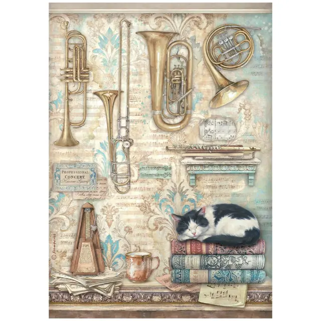 Ριζόχαρτο ντεκουπάζ Stamperia 21x29cm A4, Symphony, Τρομπέτα και γάτος