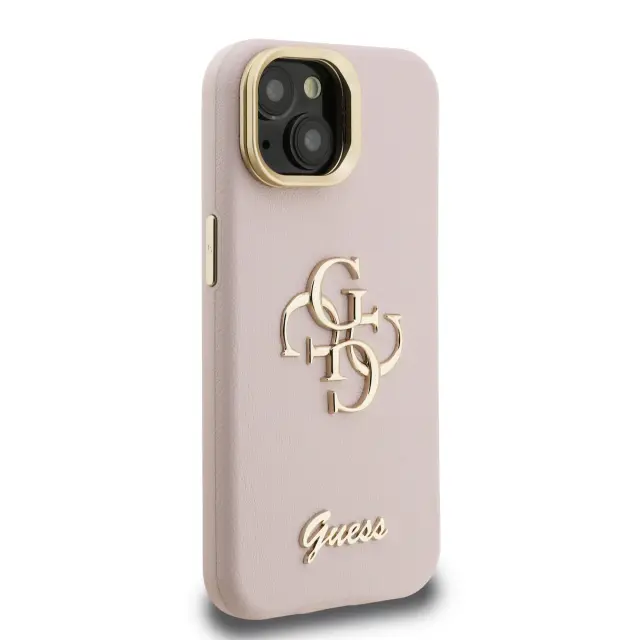 Guess PU Grained 4G Logo Stand Camera Frame Case for iPhone 15 Pro Pink 2