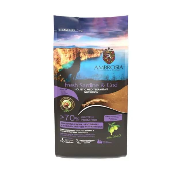 Ambrosia Mediterranean Diet Grain Free Senior Light & Sterilised Fresh Sardine & Cod 1.5kg Μονόχρωμο