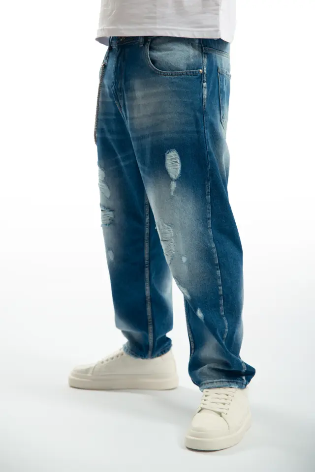 Παντελόνι Jean Baggy με Διακοσμητική Ασημί Αλυσίδα Μπλέ 3