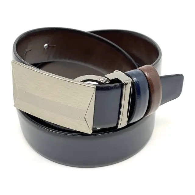 Μπλε Καφέ Ζώνη Διπλής Όψης P.U. Leather με Αγκράφα Πλακάκι 3,5 cm