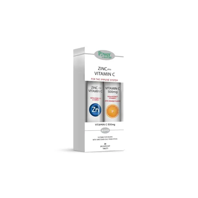 Power Health Promo Zinc & Vitamin C Stevia Συμπλήρωμα Διατροφής με Ψευδάργυρο 500mg, 20 tabs & Δώρο Vitamin C Συμπλήρωμα Διατροφής με Βιταμίνη C για την Τόνωση του Ανοσοποιητικού, 20 tabs