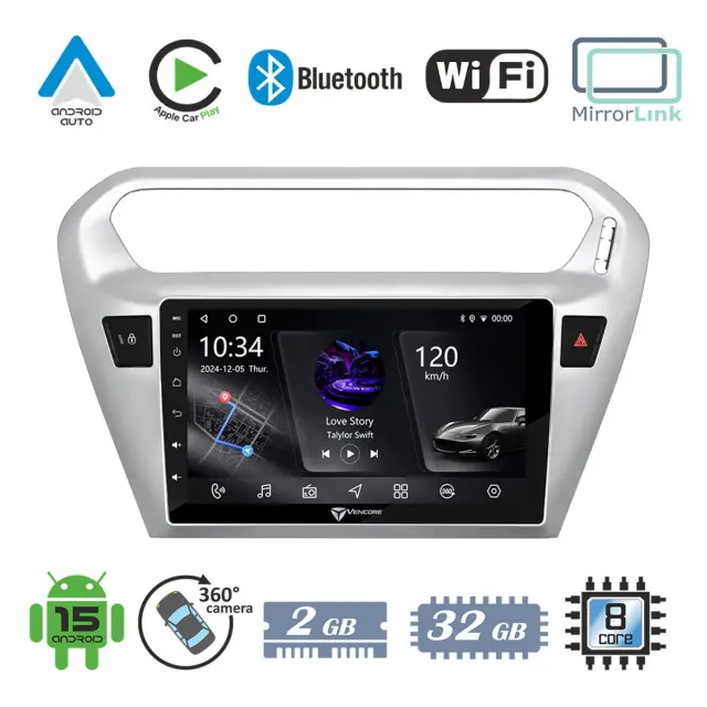 VenCore Οθόνη Multimedia Android 15 9" PX5S Octa-Core 2GB/32GB IPS με Πρόσοψη, CarPlay, Android Auto και Υποστήριξη Κάμερας 360° για Citroen C-Elysee 2012-2026 – Ασημί (3236-10005-0070S1)